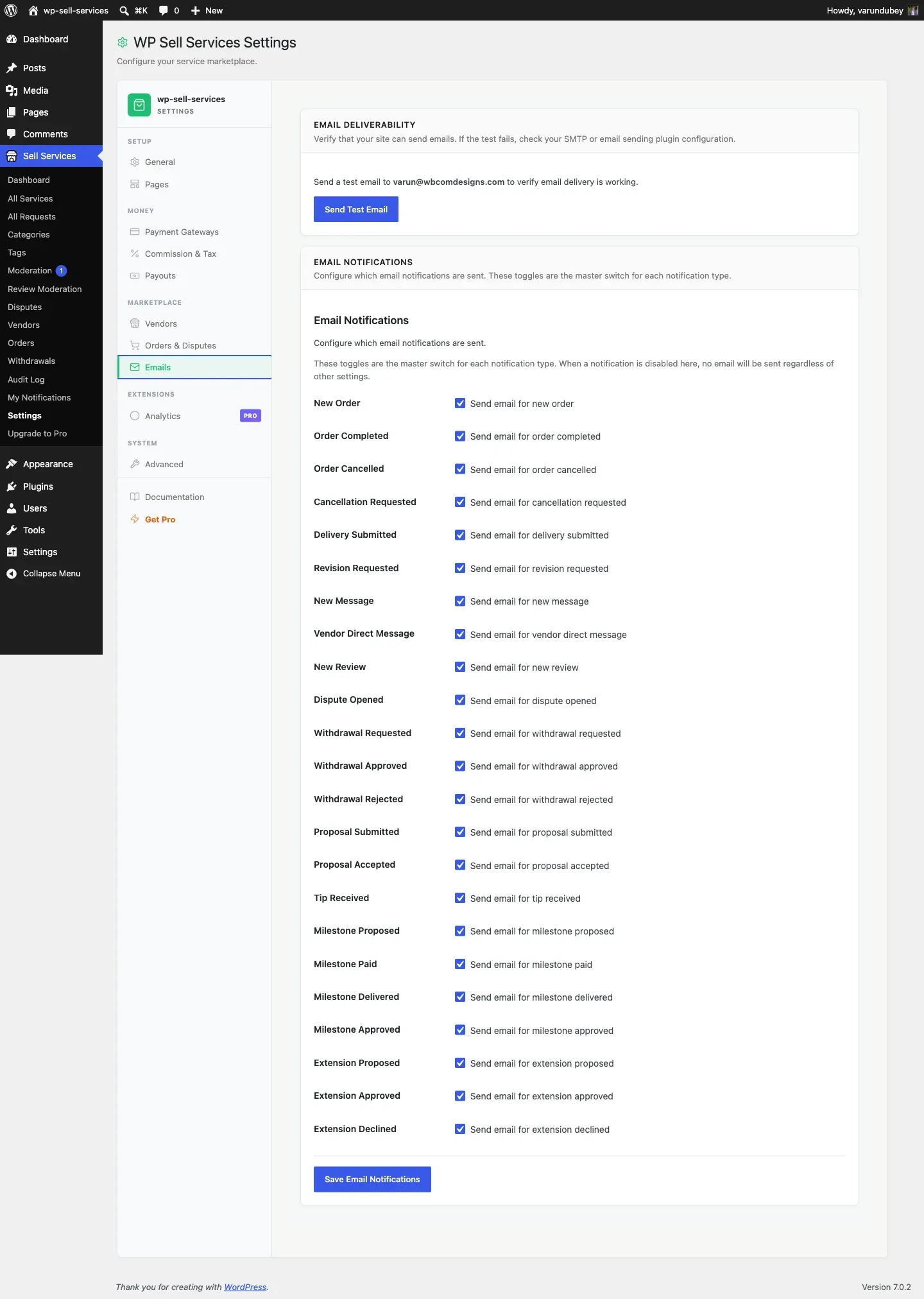 Email settings tab
