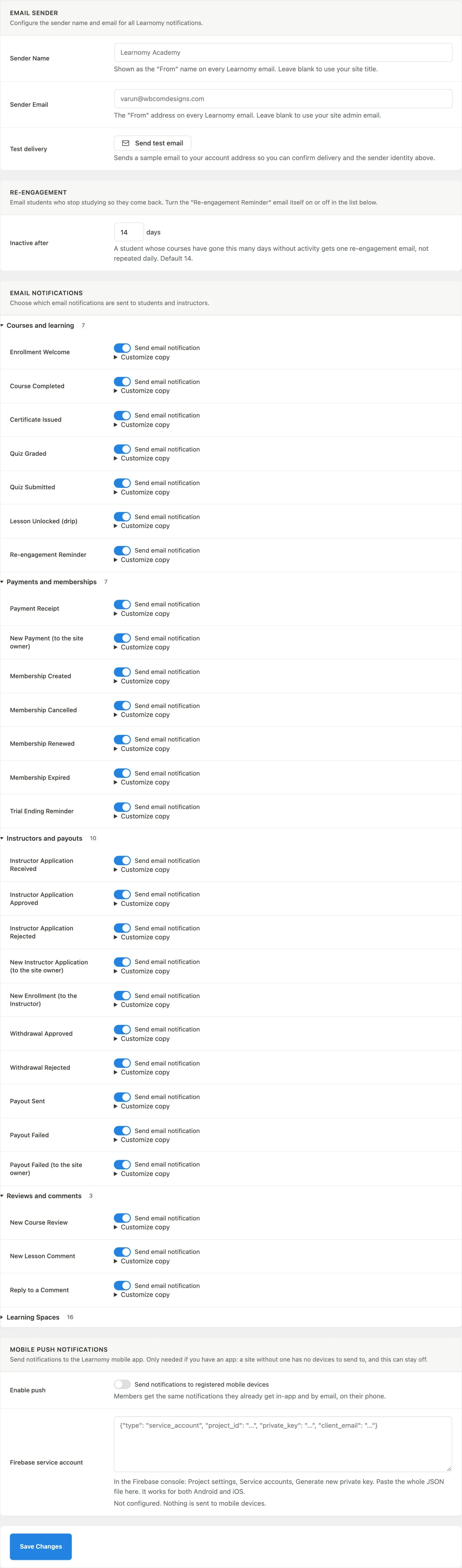 Emails section