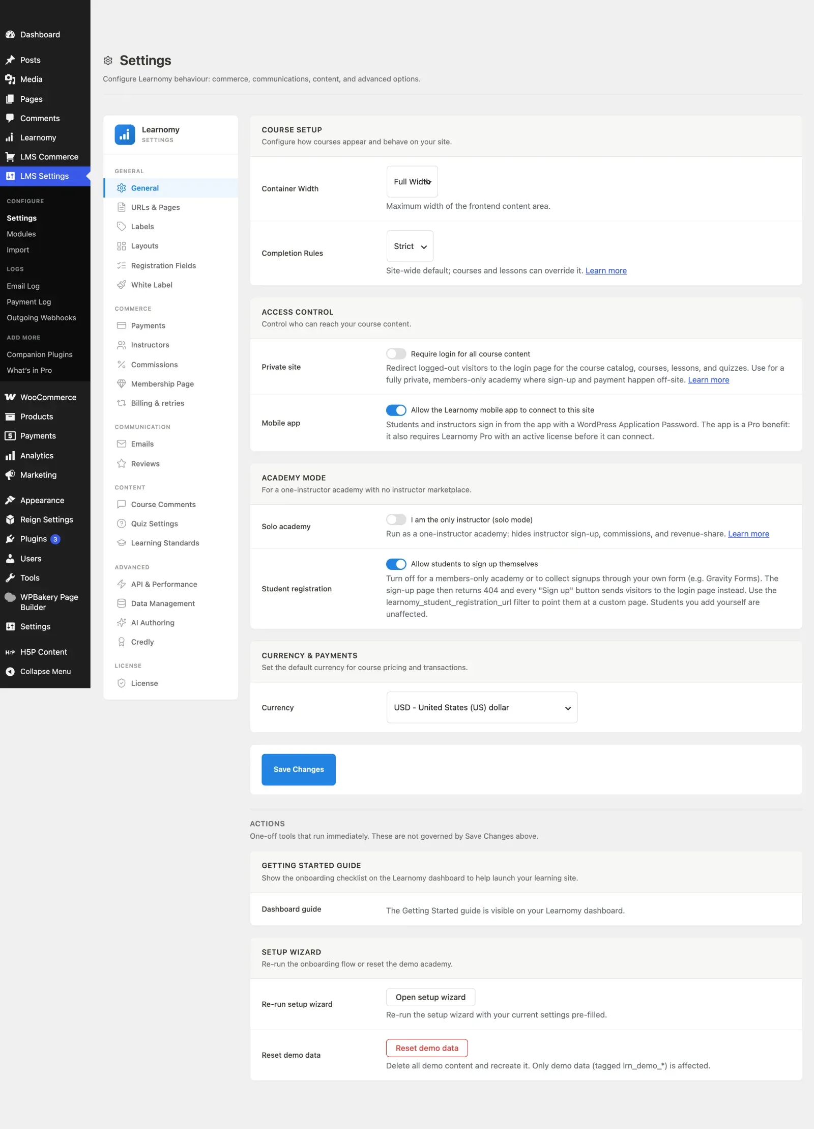 Settings page with sidebar navigation