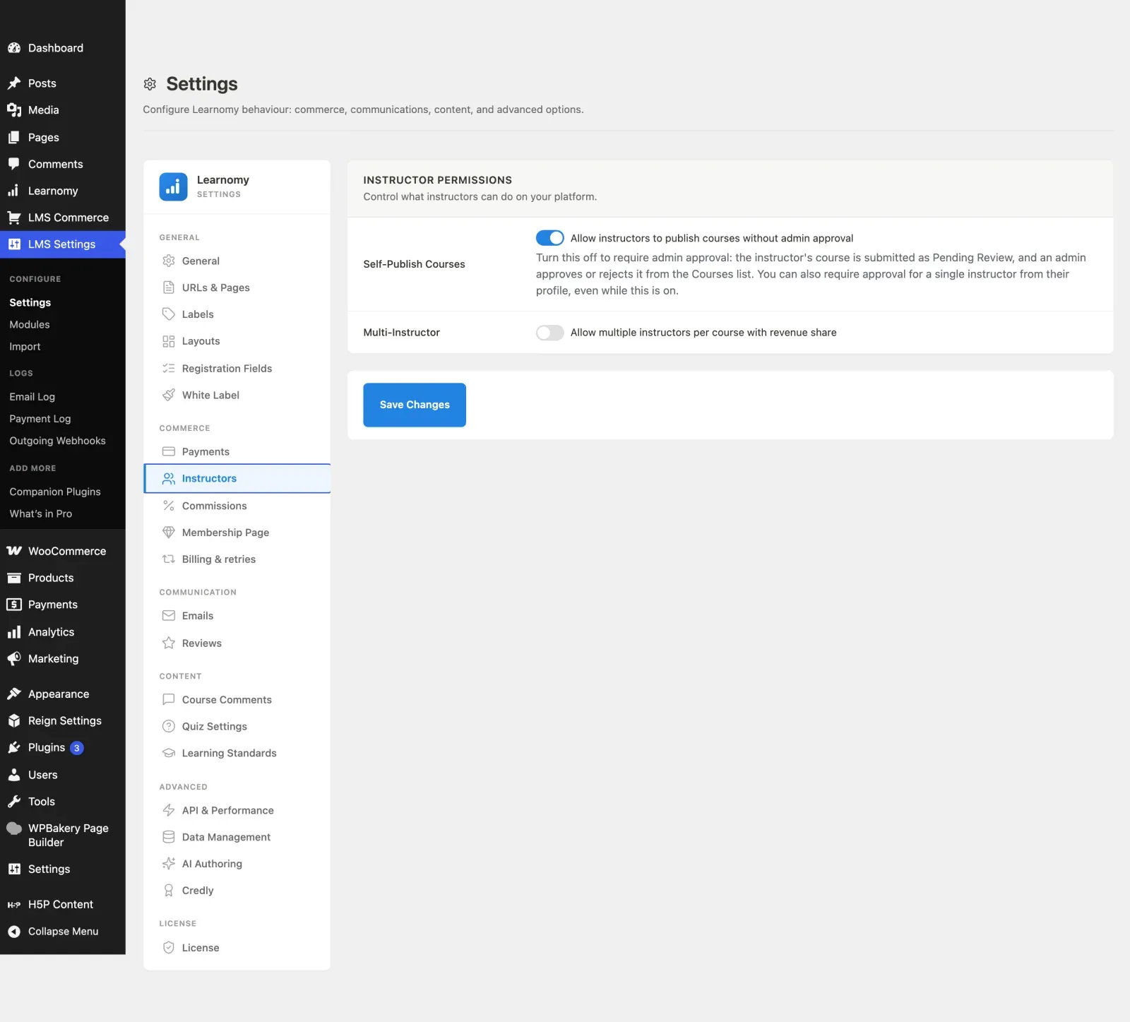 Instructor Permissions settings