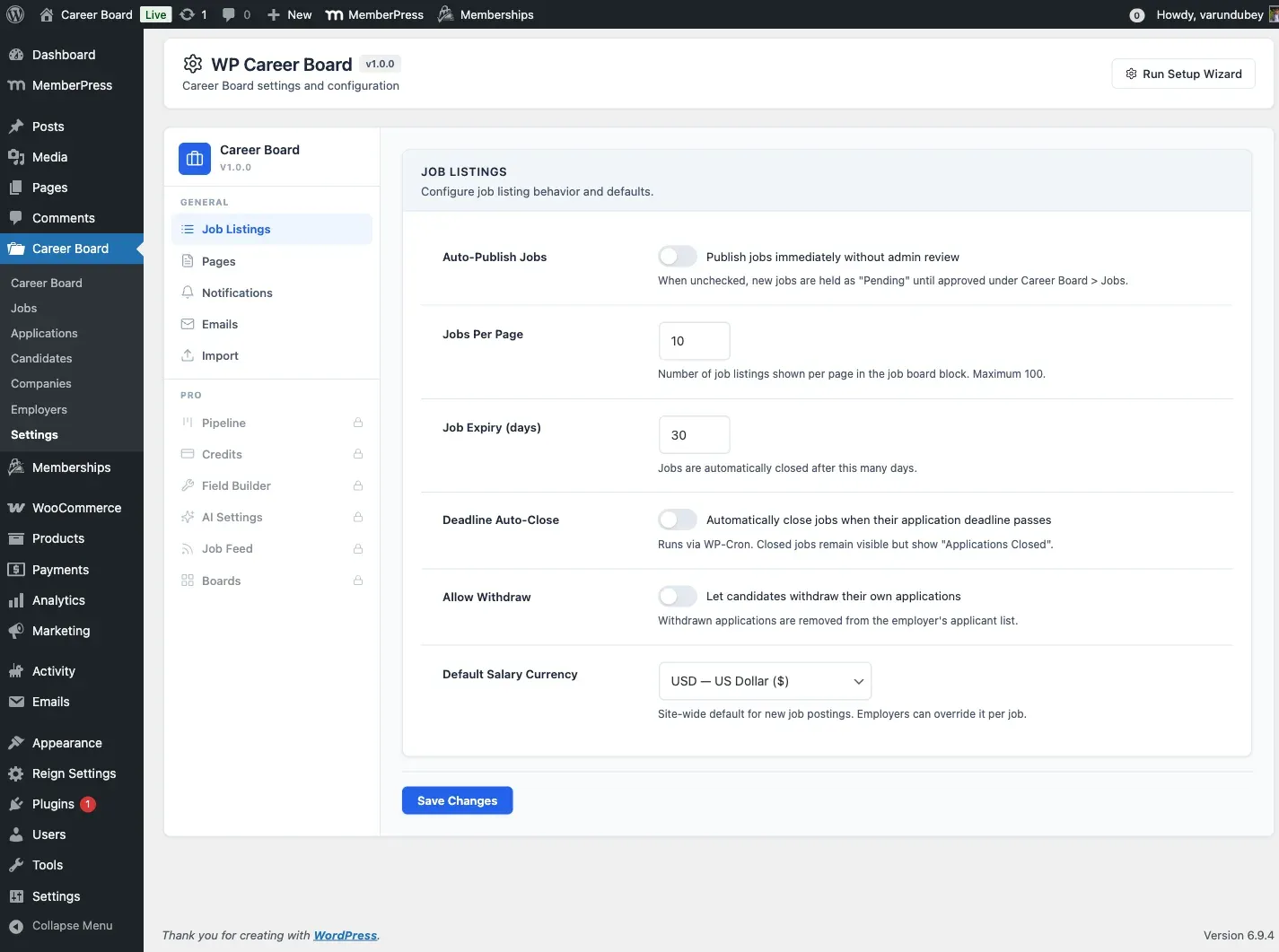 Settings Page - Job Listings Tab