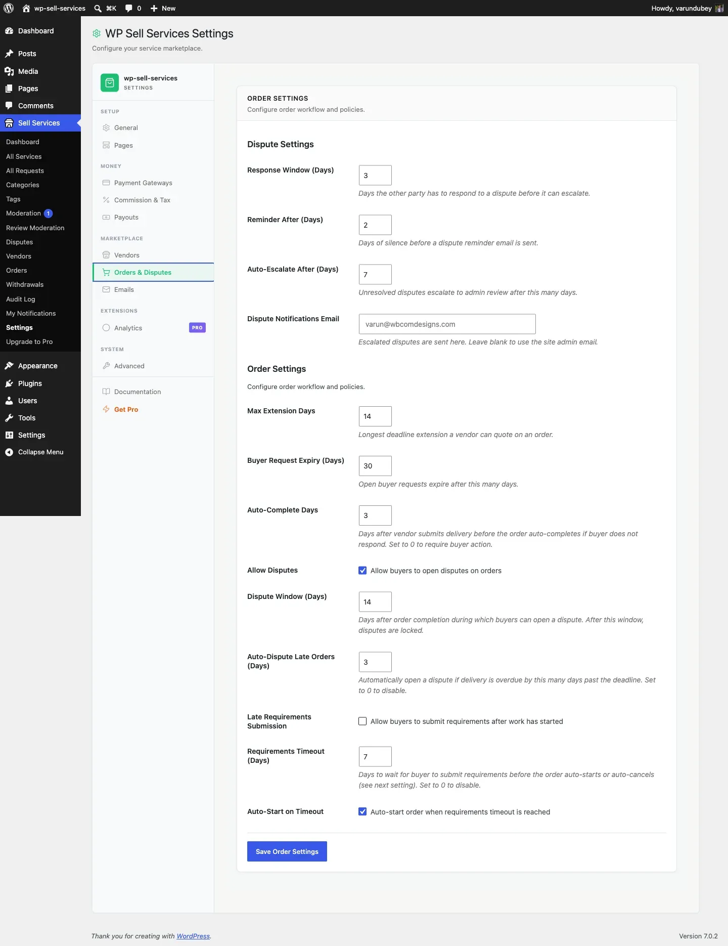 Order settings tab in WP Sell Services settings panel