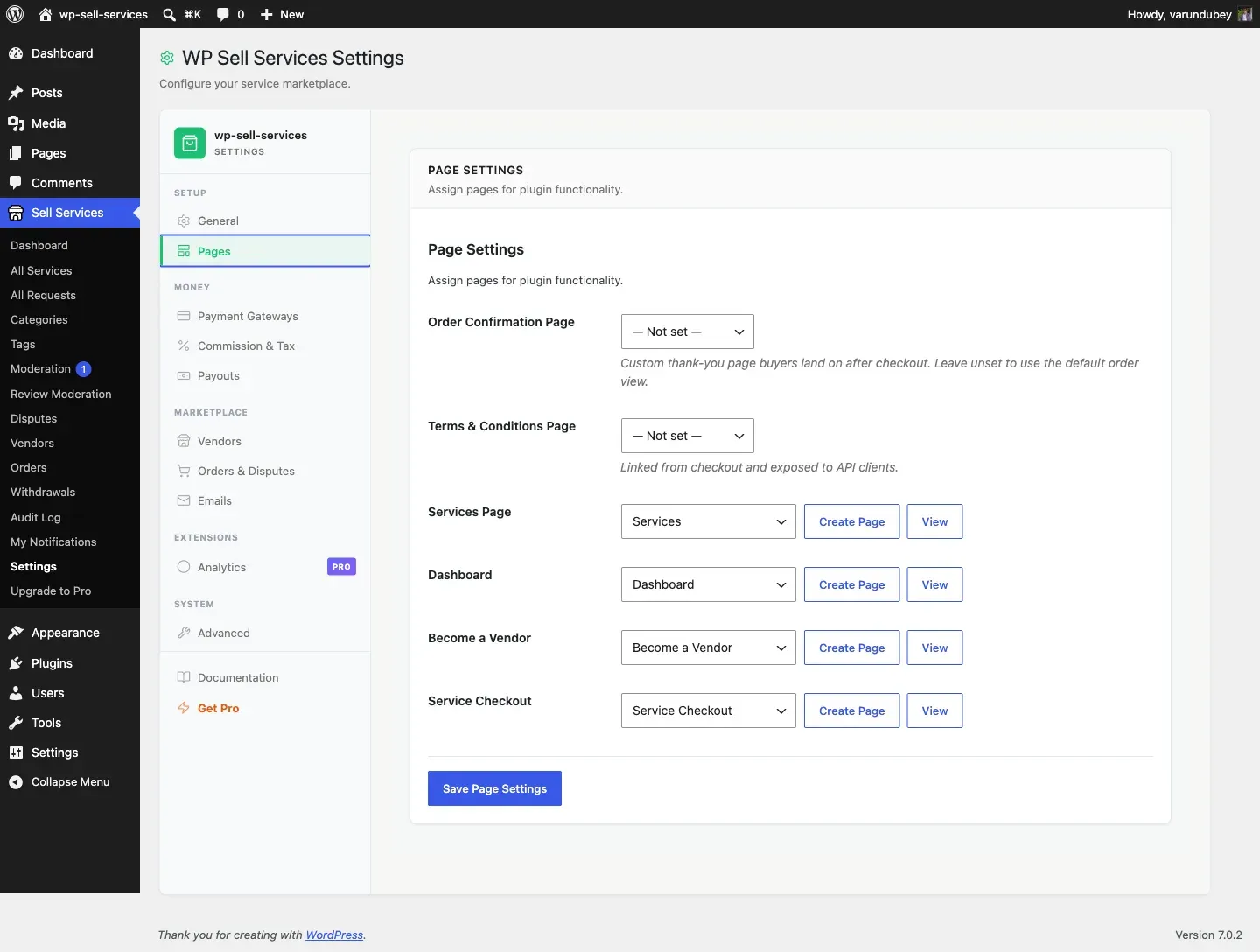 Pages settings tab