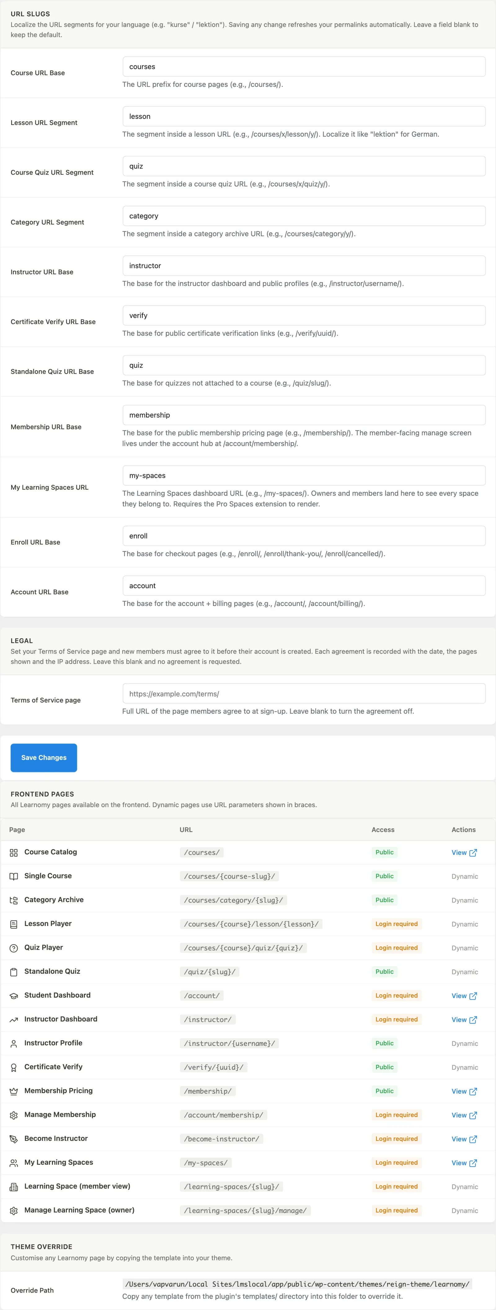 Pages section