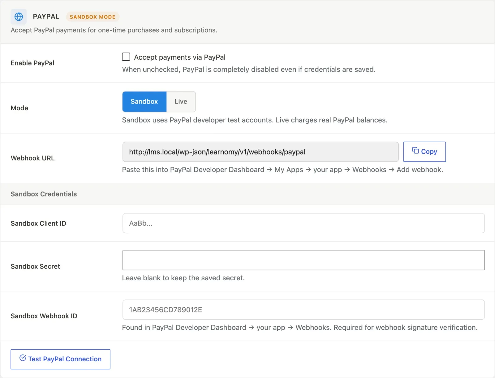 PayPal credentials