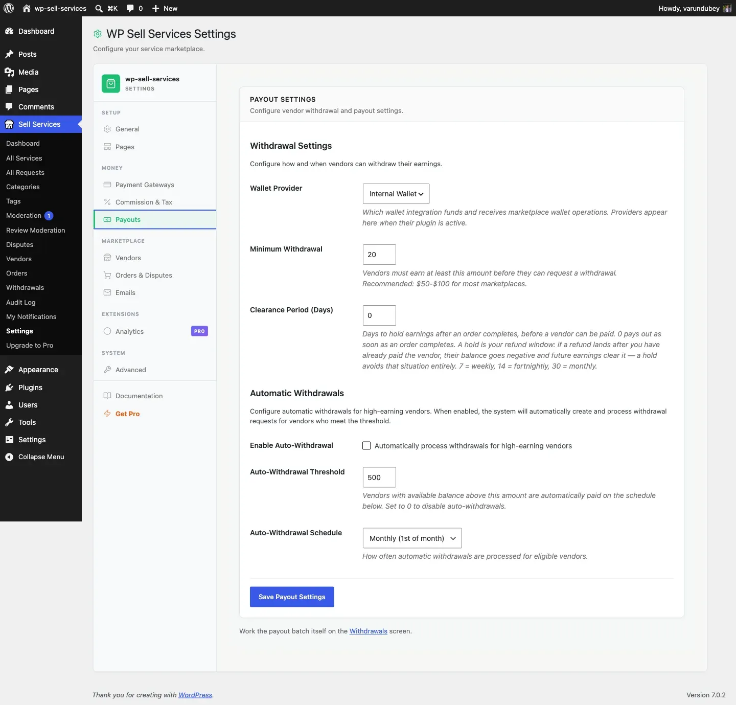 Payout settings, including automatic withdrawals