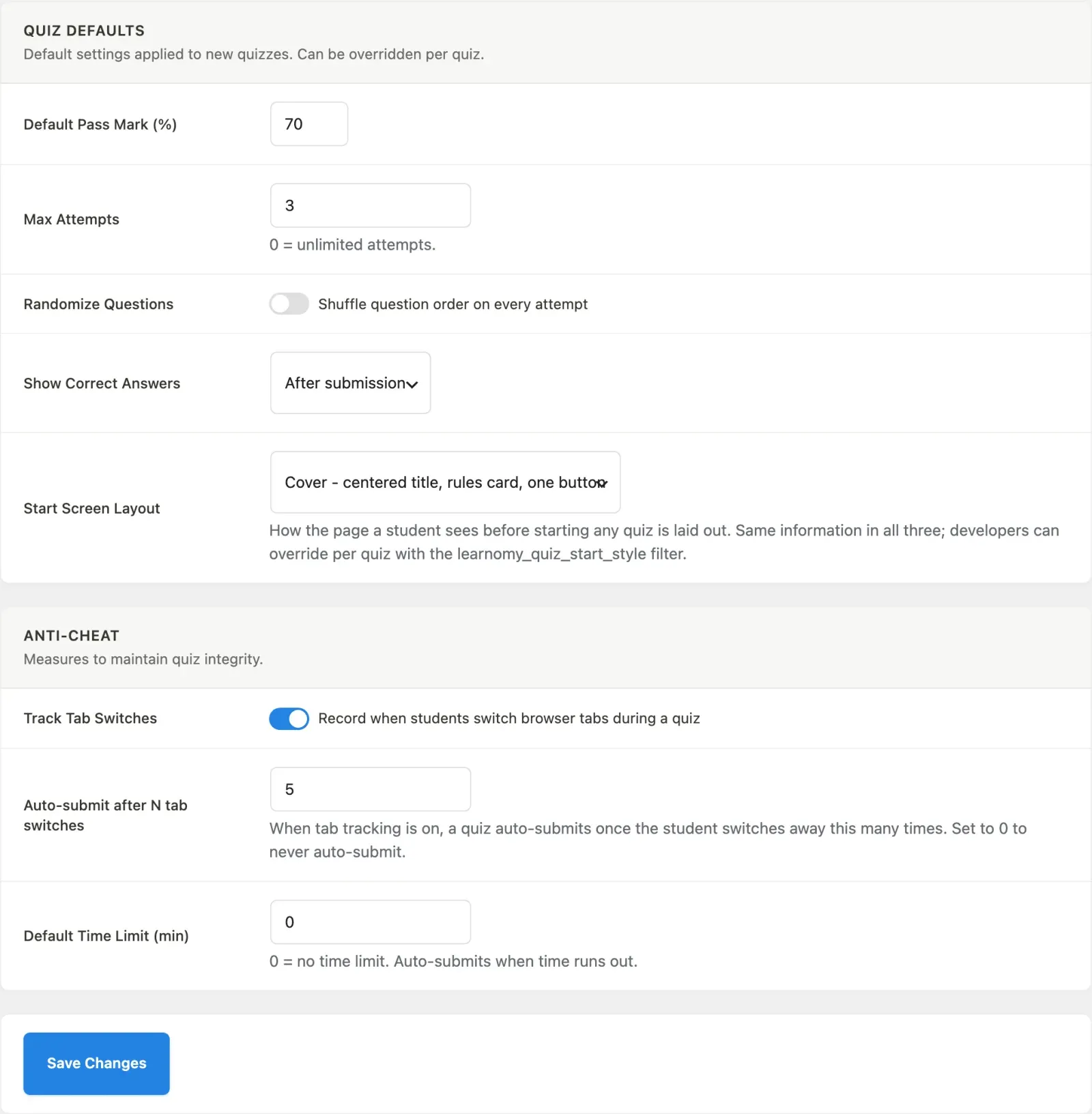 Quiz Settings section