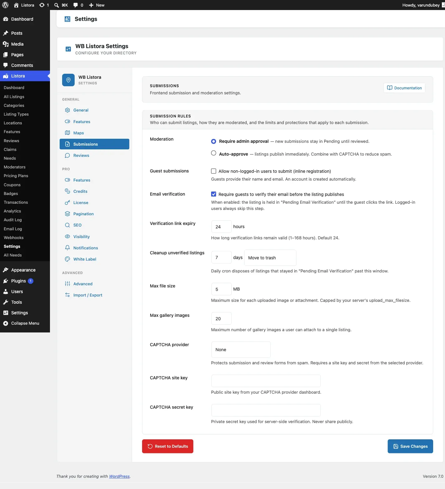 Settings Submission - admin UI screenshot (1.0.5)