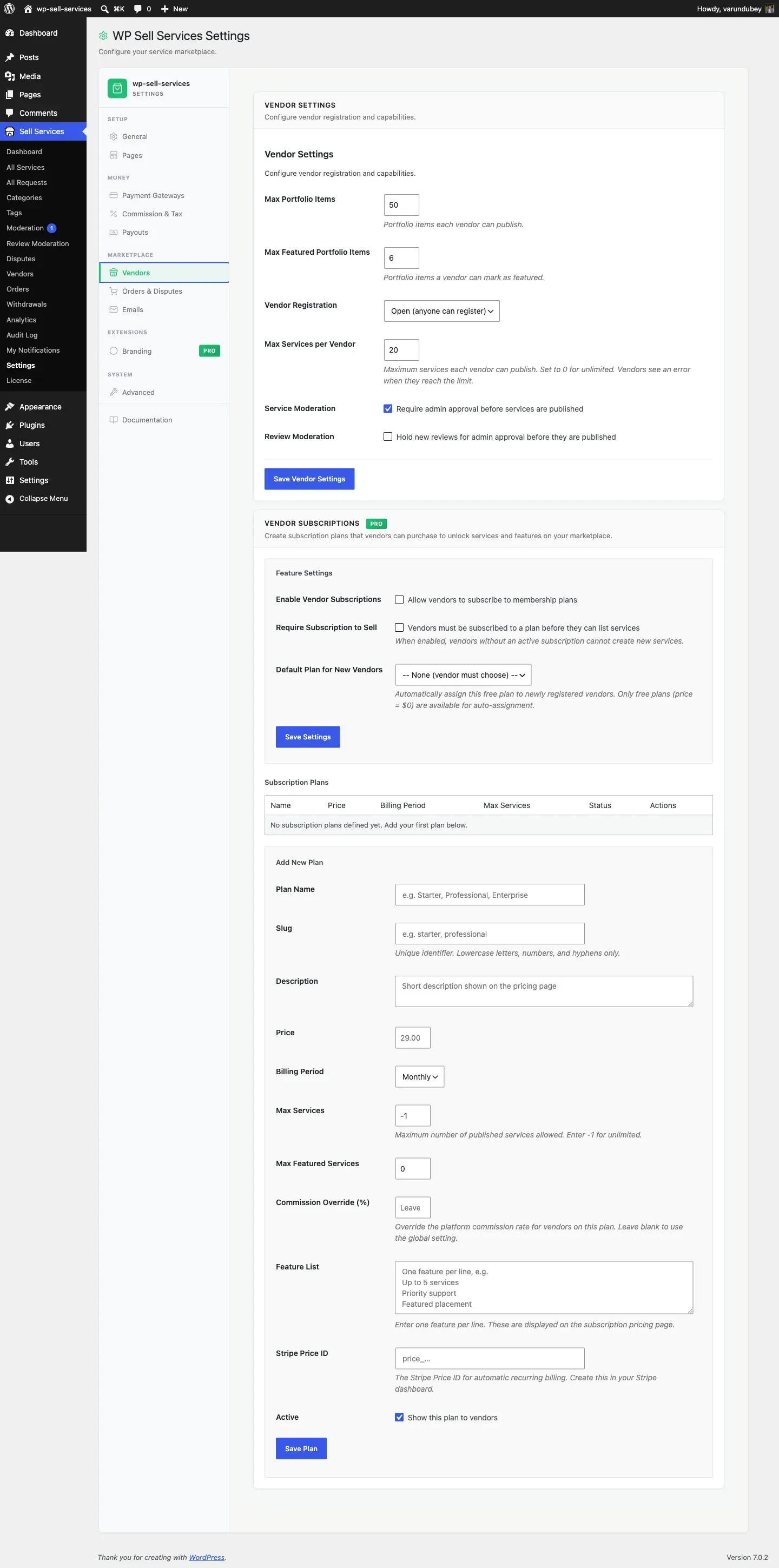 Vendor Subscriptions on the Vendors tab