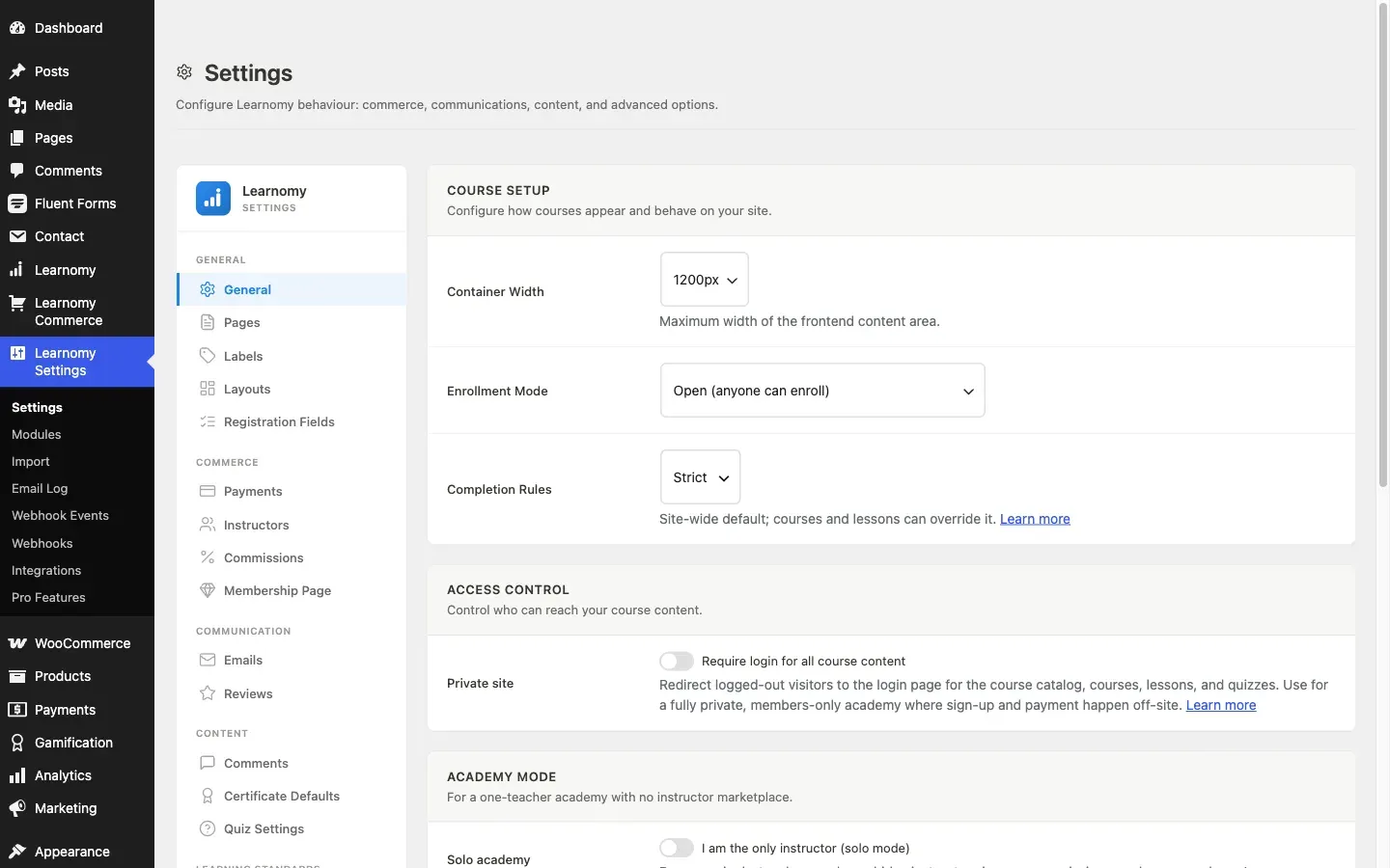 The Learnomy settings screen
