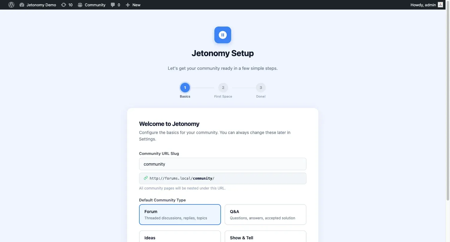 Setup wizard Step 1: the community URL slug field with a default-space-type selector below it