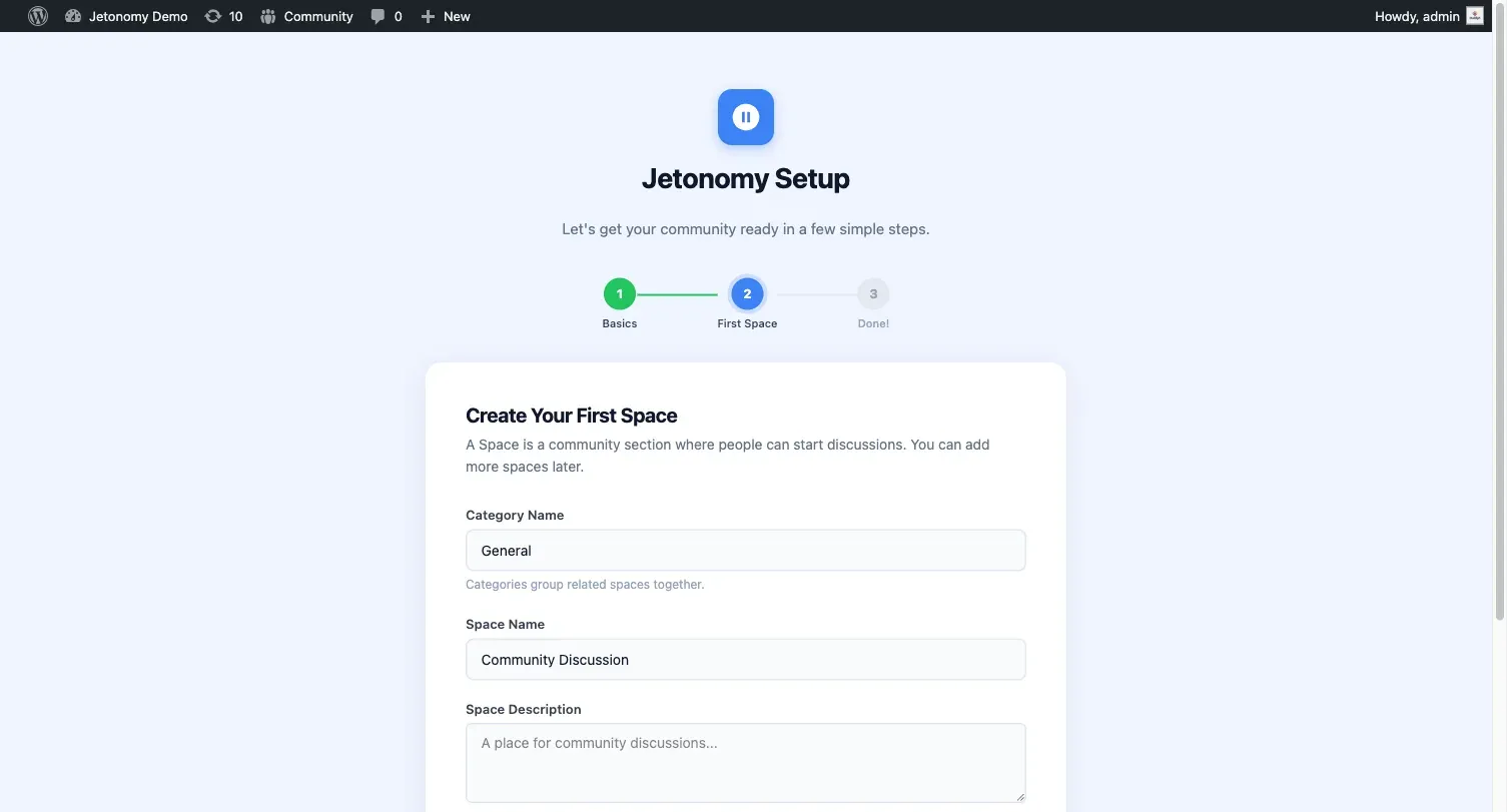 Setup wizard Step 2: the choice between Path A (create your first space) and Path B (load sample data)