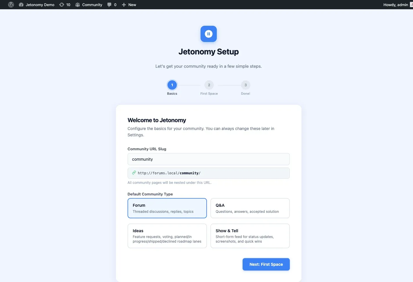 Jetonomy setup wizard with step-by-step configuration