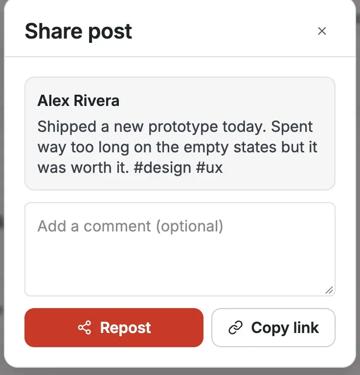 The Share dialog — a preview of the post being reposted with an optional comment, plus Repost and Copy link