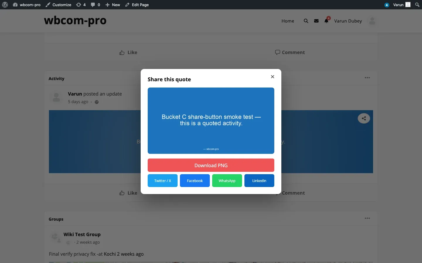 The share modal showing a quote rendered as a PNG with share buttons for Twitter, Facebook, WhatsApp, LinkedIn, and Pinterest lined up below it.