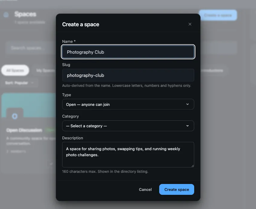 The Create a space form — name with an auto-derived slug, type, category and description fields