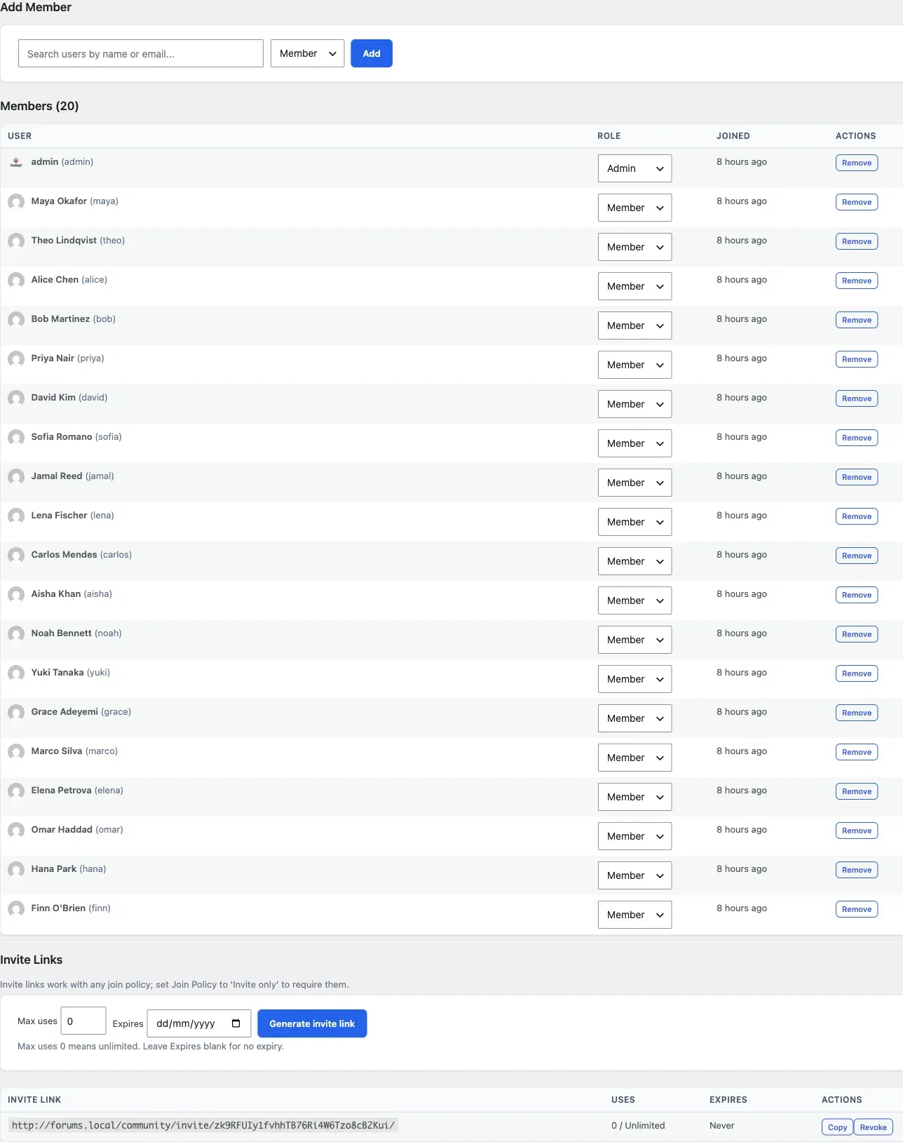 The Generate Invite Link panel showing the expiry option and the copyable invite URL