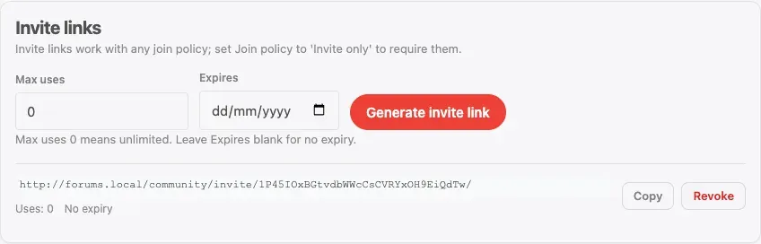 The Invite links panel on the front-end space Members page, with Max uses and Expires fields, a Generate invite link button, and an existing link showing its usage count alongside Copy and Revoke buttons