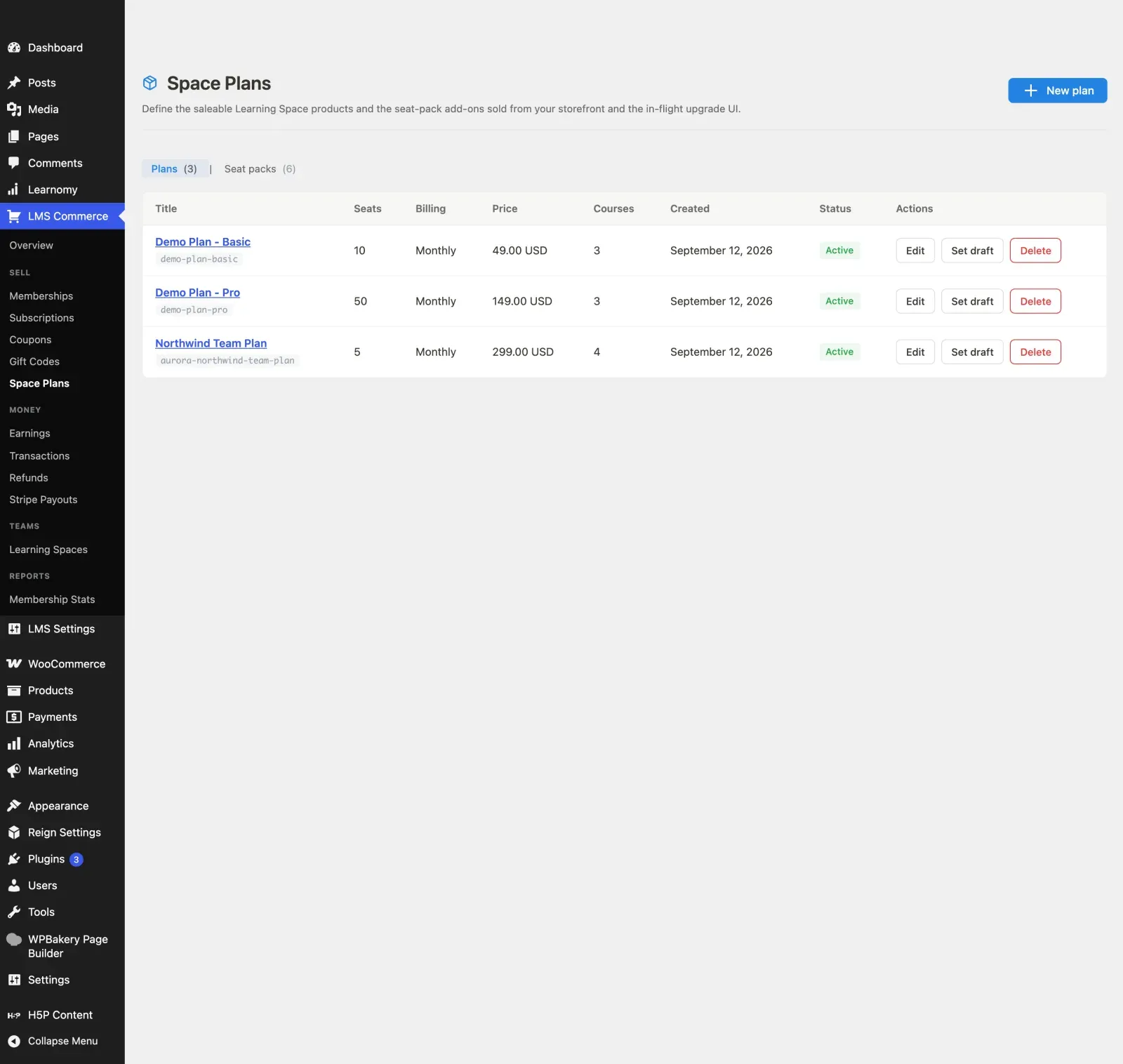 The Space Plans admin screen, Plans tab