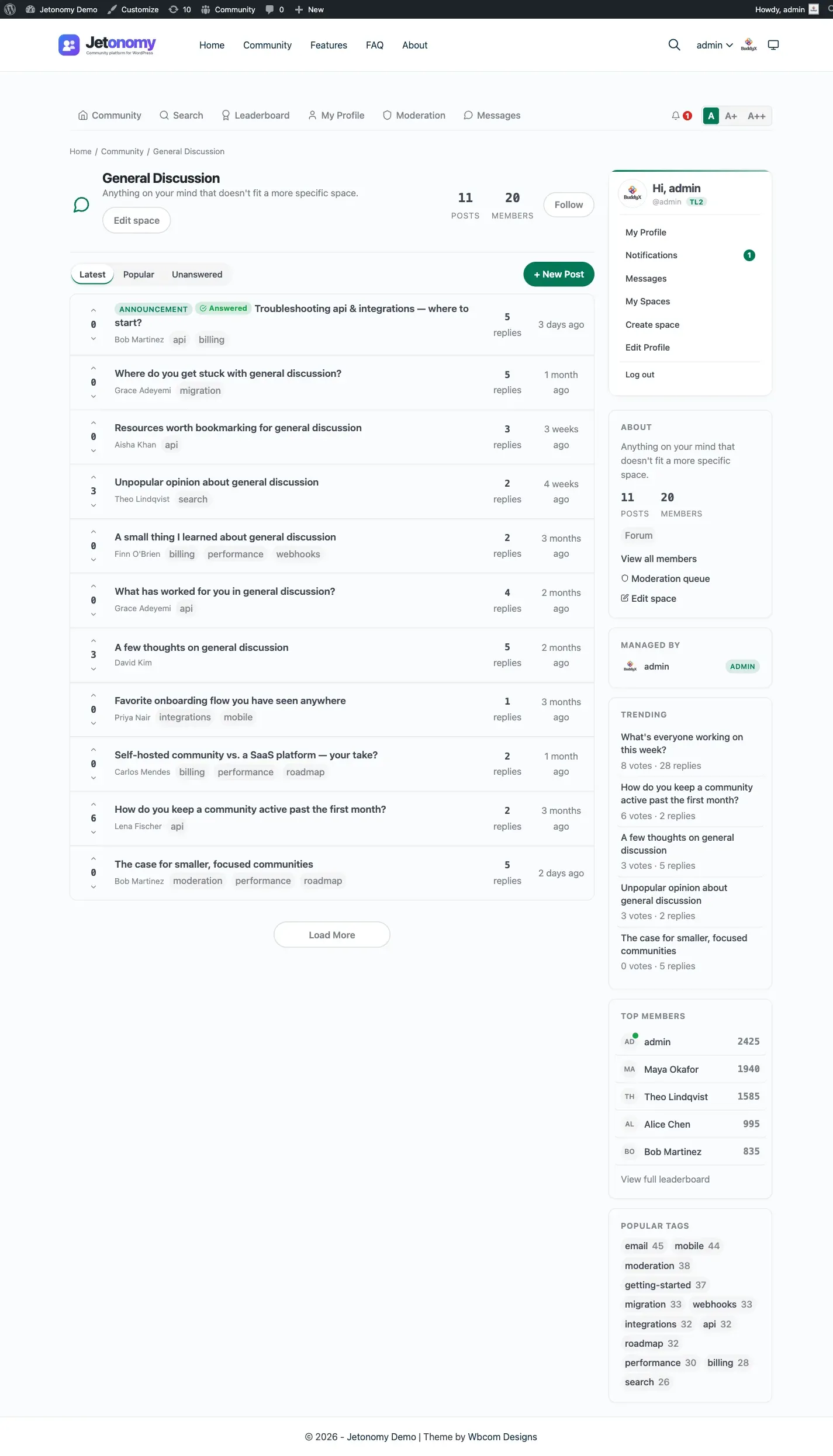 Space page with sidebar showing topic listings and member activity