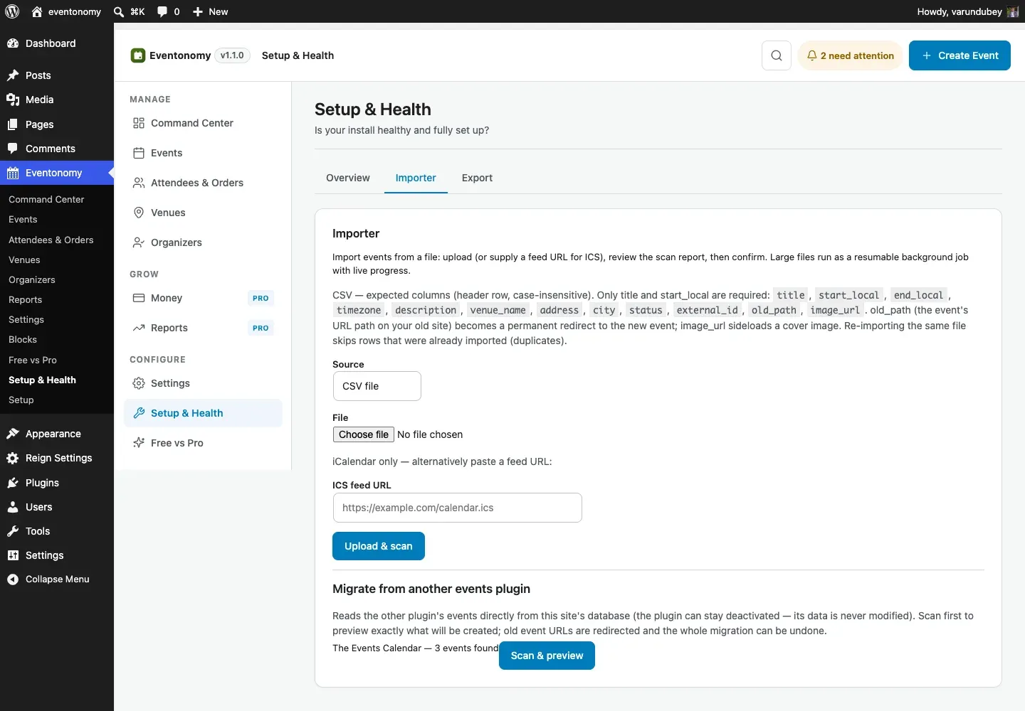 The Importer screen with the file upload form and a detected The Events Calendar migration source