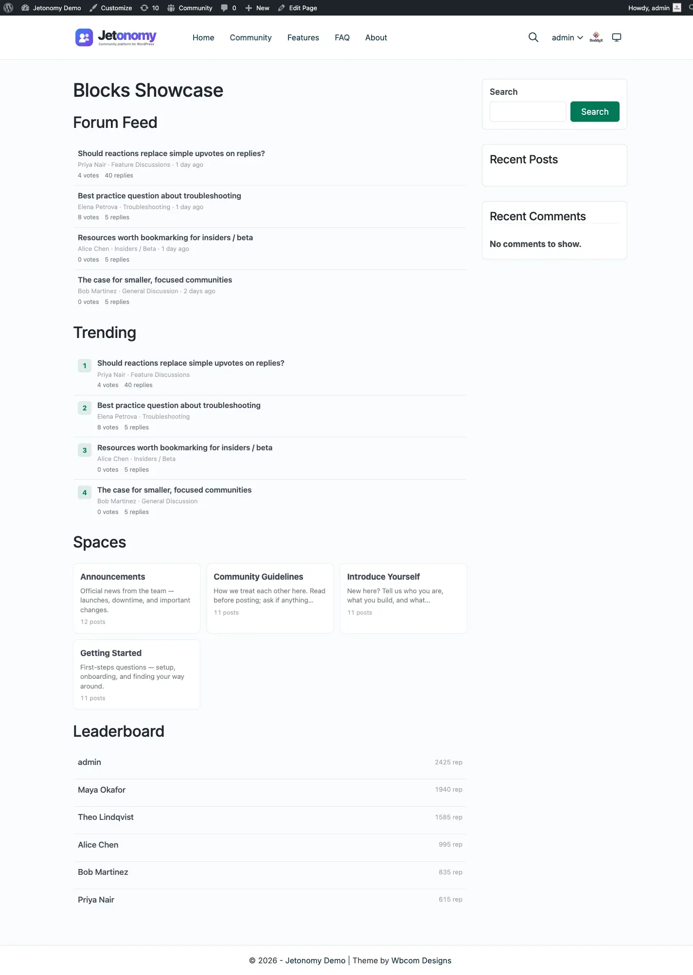 Forum Feed, Trending, Spaces, and Leaderboard blocks rendered on a published WordPress page