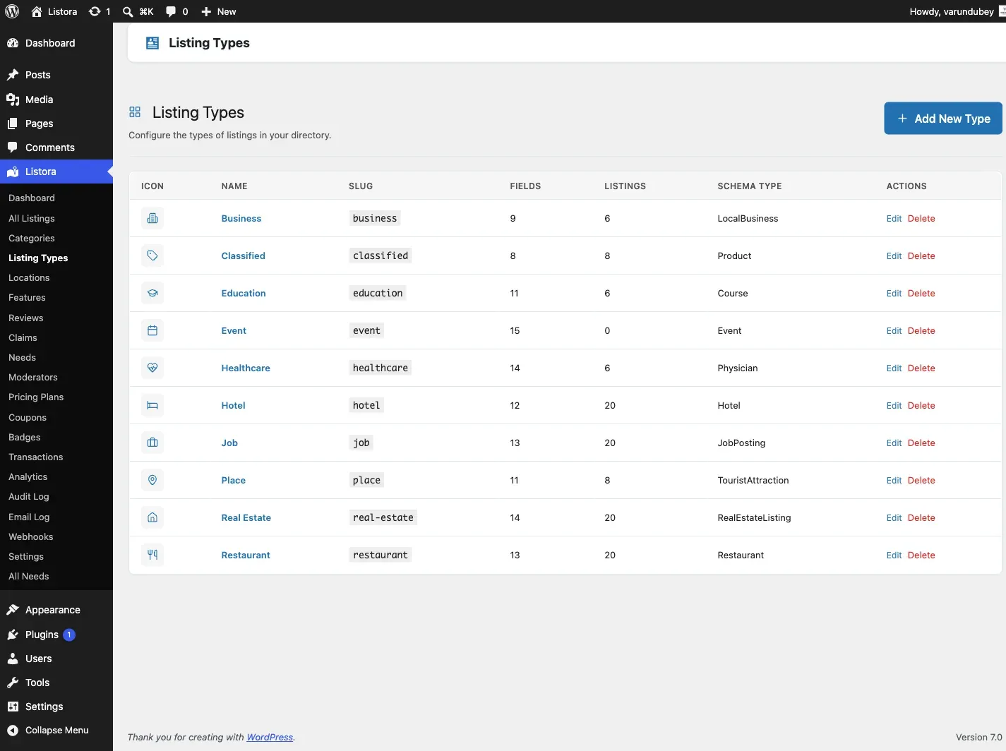Listing Type Editor - change icons, fields, schema mapping per type
