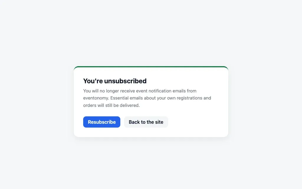 Unsubscribe confirmation page with the Resubscribe button