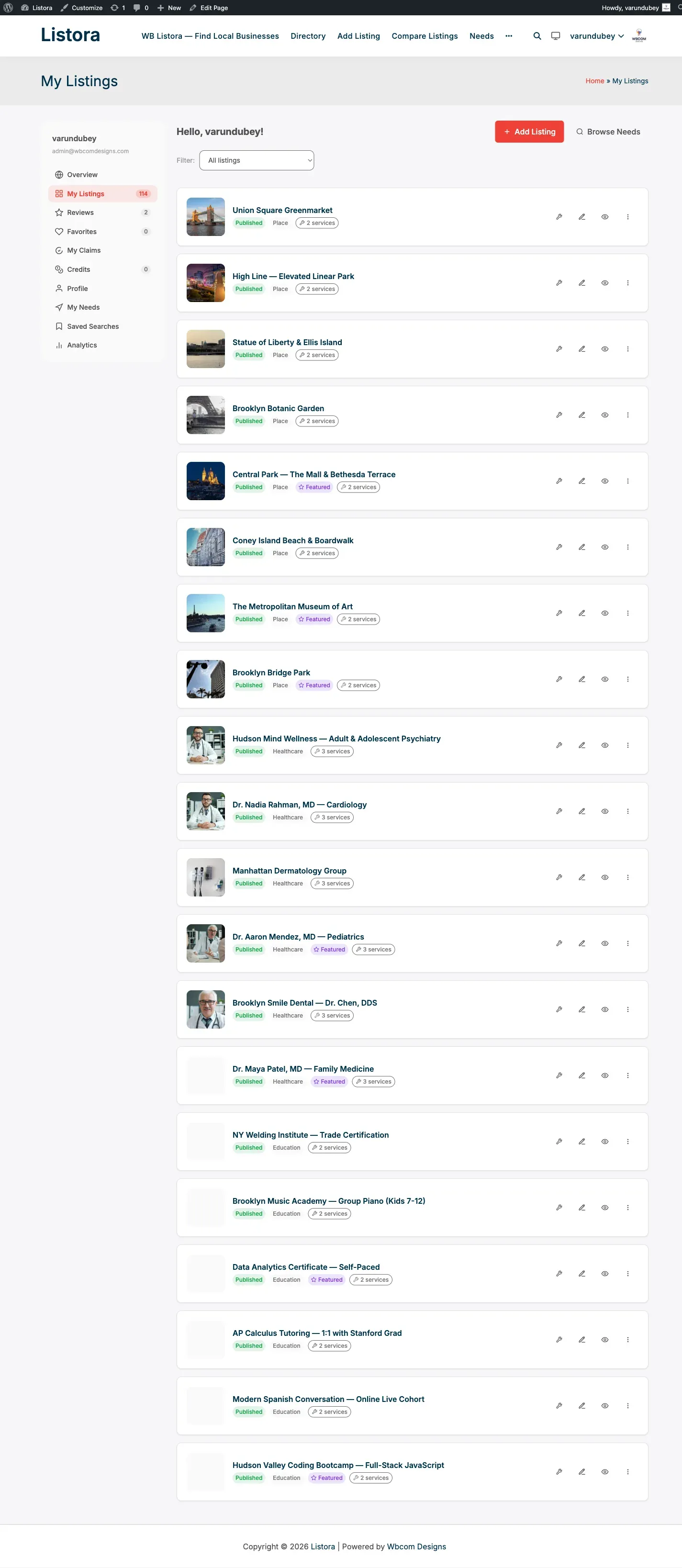 User Dashboard - screenshot from the modernized 1.0.5 site