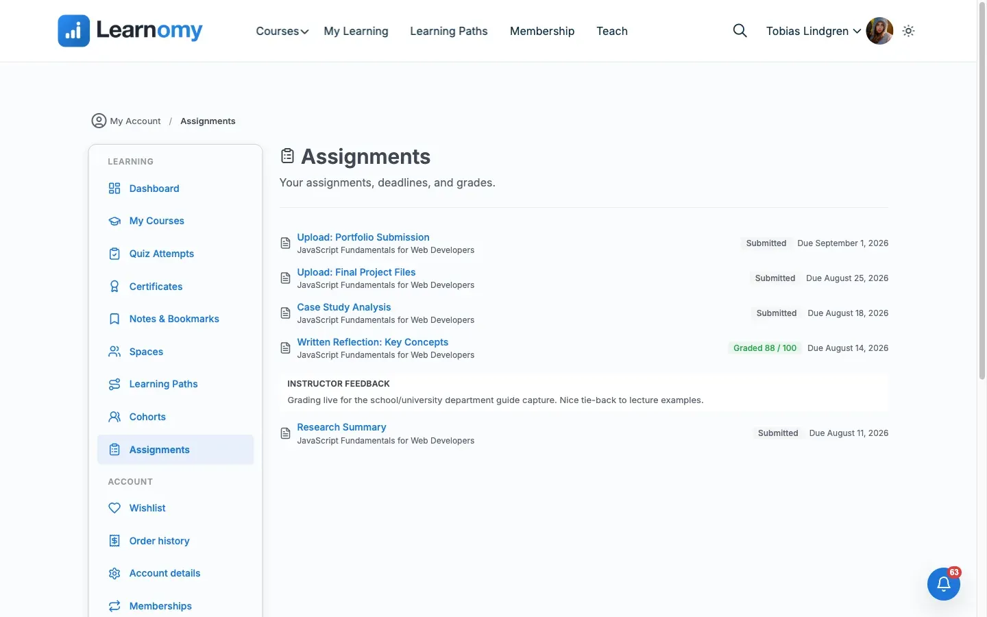 Learner Assignments page showing Written Reflection: Key Concepts graded 88/100 with instructor feedback, other assignments still Submitted