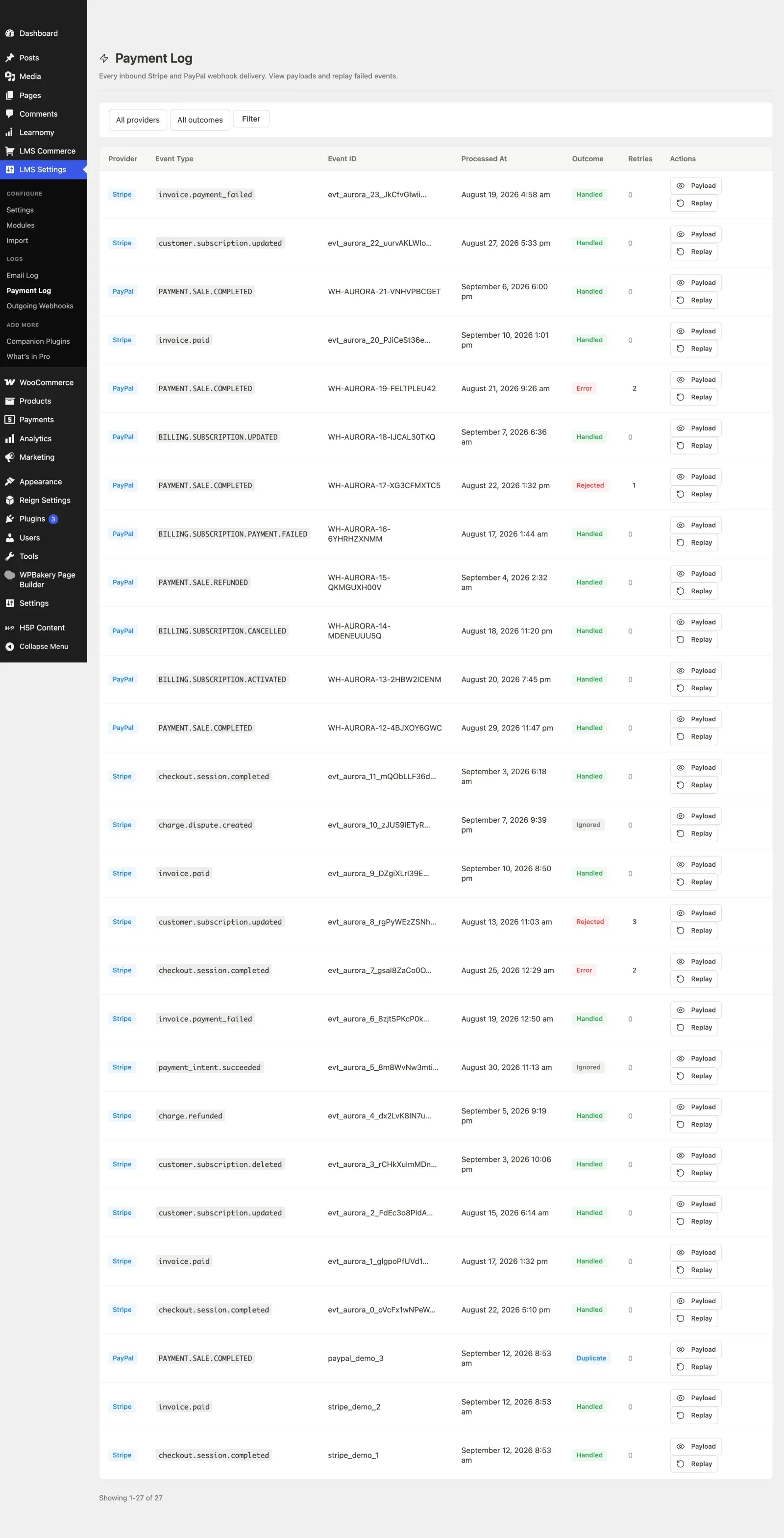 Payment Log page