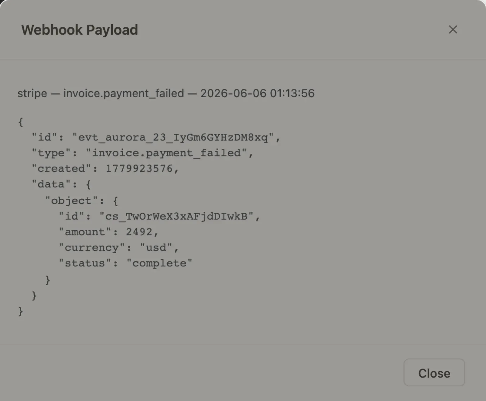 Payload modal detail