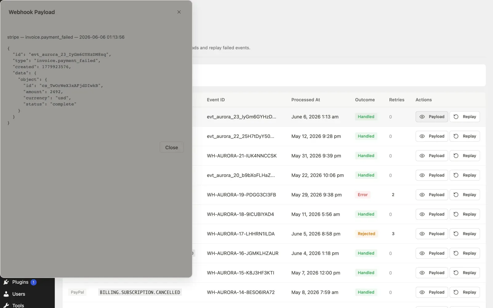 Payload modal