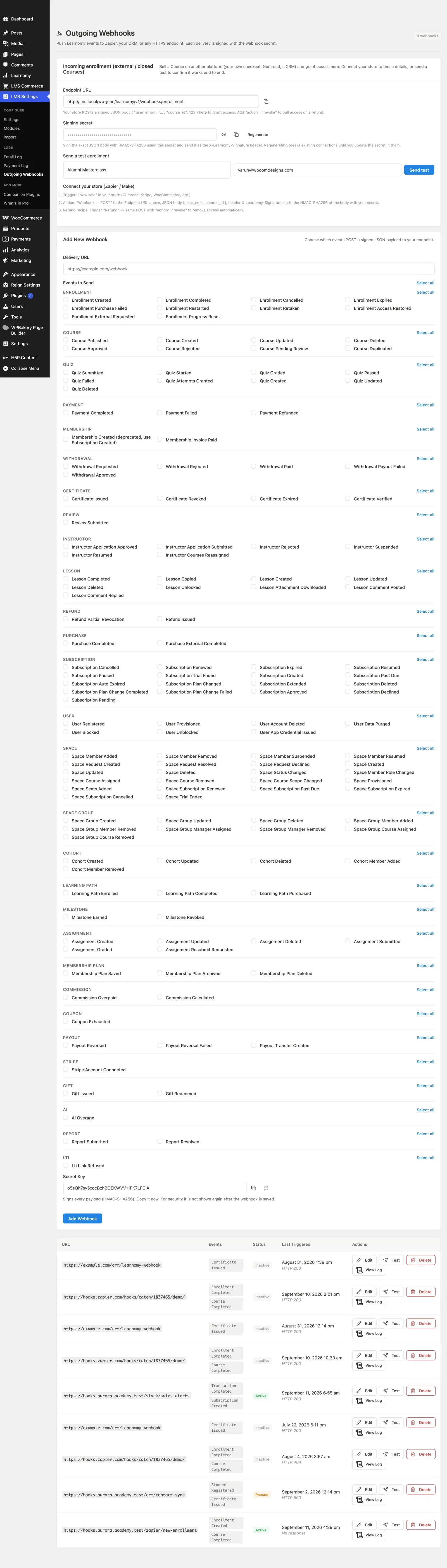Webhooks page overview