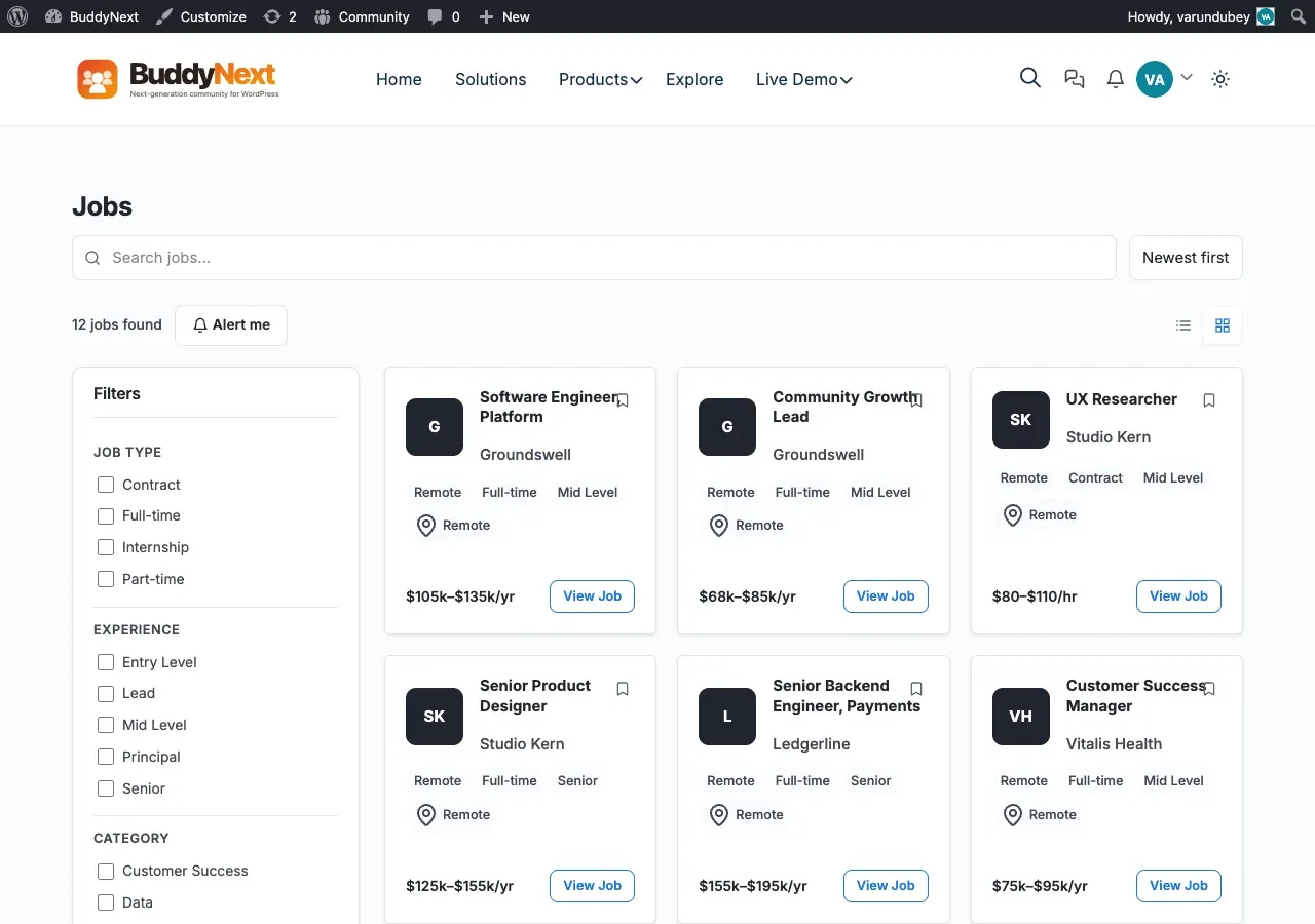 WP Career Board job listings styled by BuddyX Pro