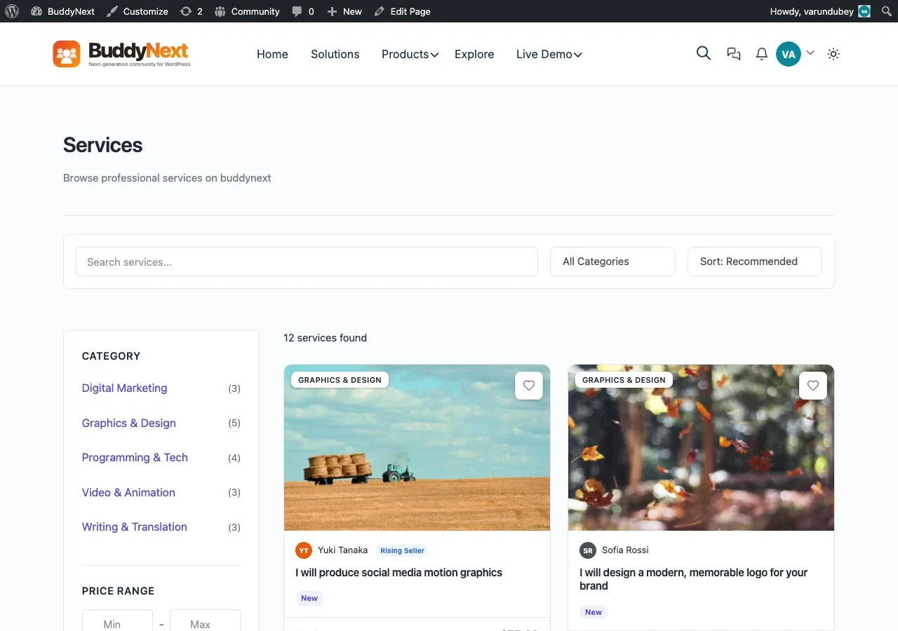 WP Sell Services marketplace styled by BuddyX Pro