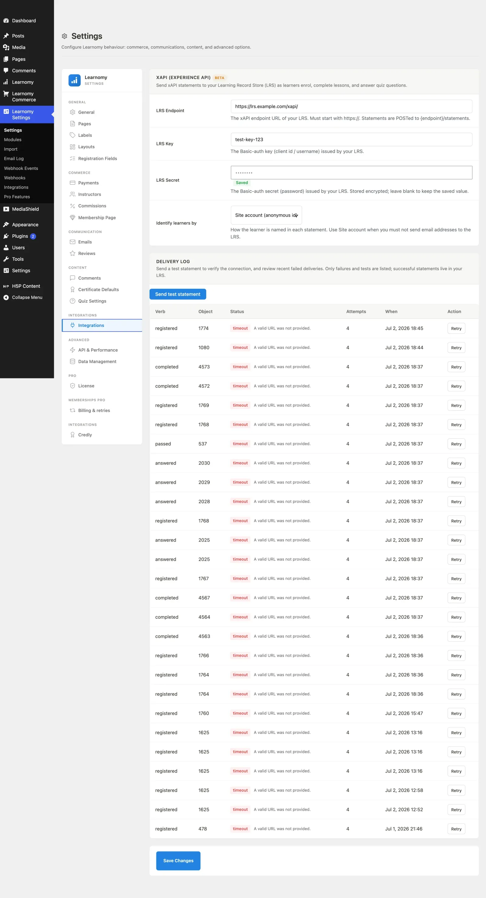 xAPI settings and delivery log in LMS Settings > Settings (xAPI panel in the left navigation)